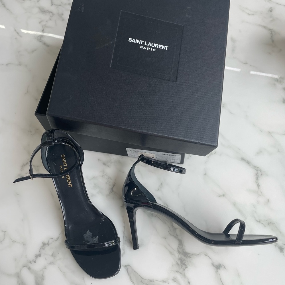 Authentic Saint Laurent Vitello Vernice Nero strappy heel